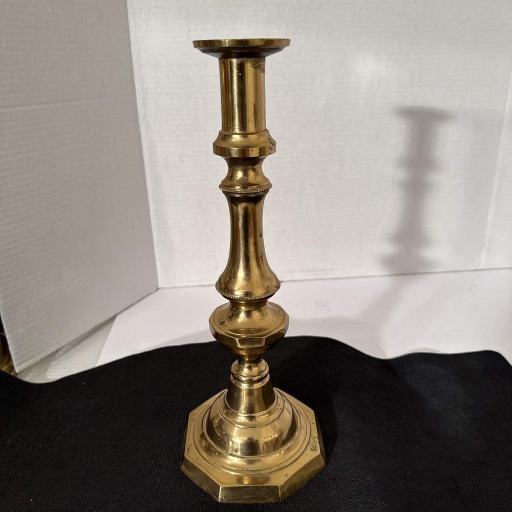 Vintage Brass Tappered Candle holder with Octagon Base 11.75" Tall 4 5/8" Wide